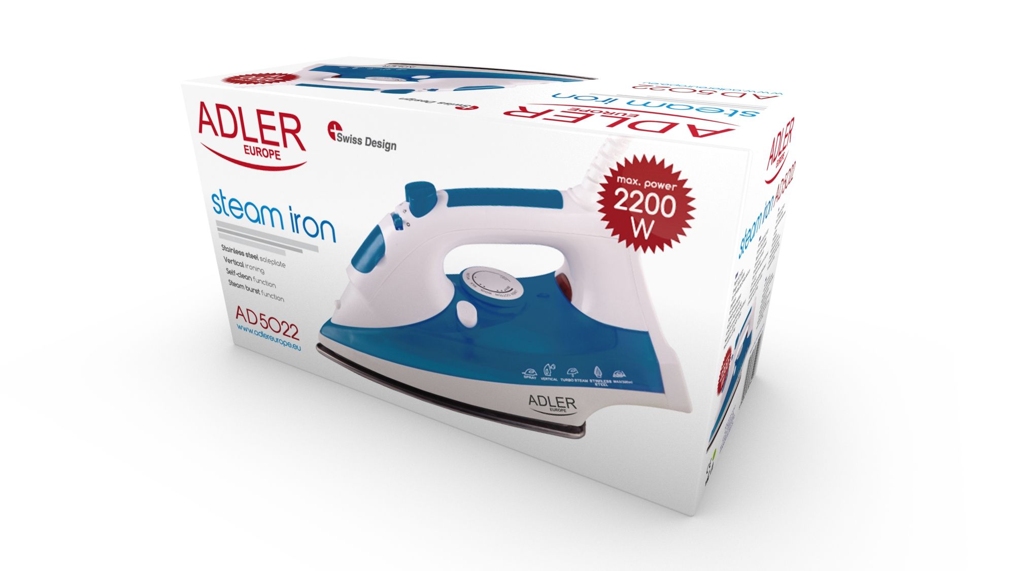 Adler AD 5022 Dry & Steam iron Ceramic soleplate Blue,White 2200 W_3