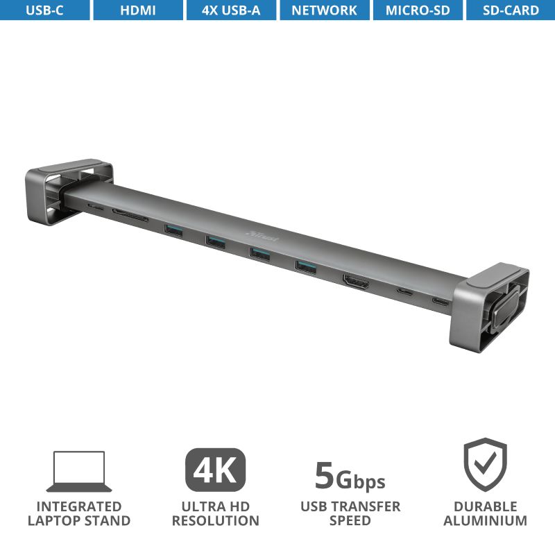 Adaptor Trust Dalyx 3-in-1 Multiport USB-C Adapter  Specifications General Height of main product (in mm) 11 mm Width of main product (in mm) 58 mm Depth of main product (in mm) 51 mm Total weight 38 g Weight of main unit 38 g Video Video input DisplayPort Video output HDMI HDMI version 1.4 CEC no_2