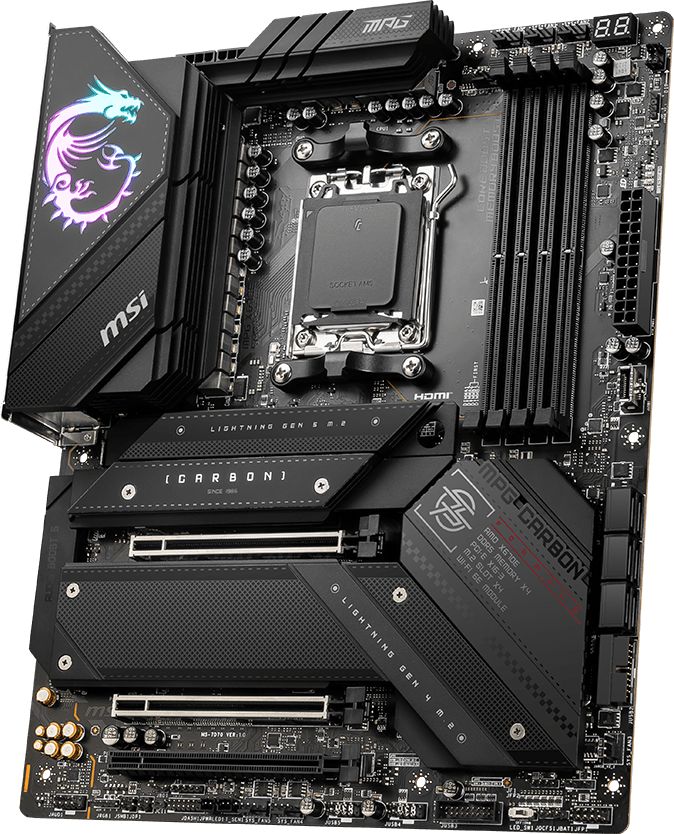 MSI MPG X670E CARBON WIFI, ATX, Socket AM5, 4x DDR5, Type-C DP, 3x PCI-E x16 slots, 4x M.2 slots, 1x HDMI, 2x DP (1x Type-C), 6x USB 3.2 Gen2, 1x USB 3.2 Gen2, 1x USB 3.2 Gen2x2, 2x USB 2.0, Type-C, 7.1 HD Audio, 2.5Gbps LAN, Wi-Fi 6E, BT, 3Y_3