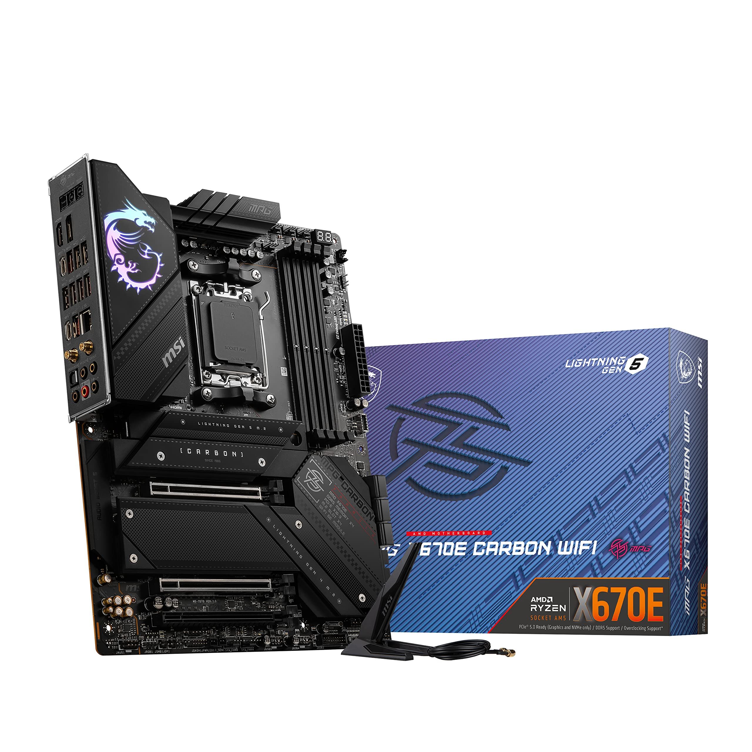 MSI MPG X670E CARBON WIFI, ATX, Socket AM5, 4x DDR5, Type-C DP, 3x PCI-E x16 slots, 4x M.2 slots, 1x HDMI, 2x DP (1x Type-C), 6x USB 3.2 Gen2, 1x USB 3.2 Gen2, 1x USB 3.2 Gen2x2, 2x USB 2.0, Type-C, 7.1 HD Audio, 2.5Gbps LAN, Wi-Fi 6E, BT, 3Y_2
