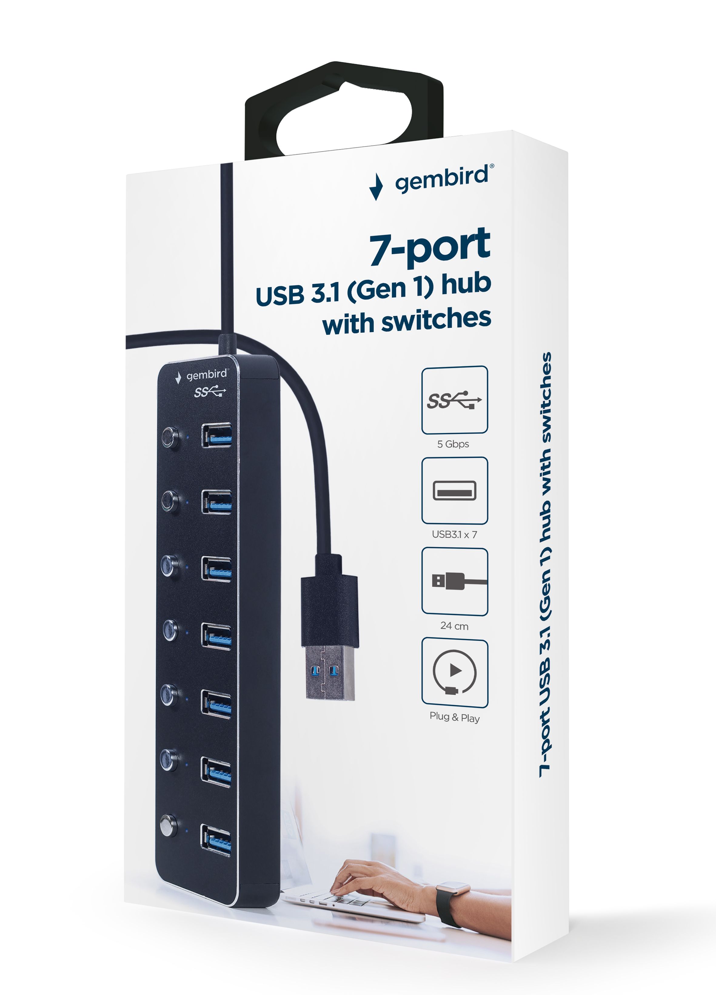 HUB extern GEMBIRD, porturi USB: USB 3.1 x 7, conectare prin USB, cu on/off, cablu 0,24 m, negru, 