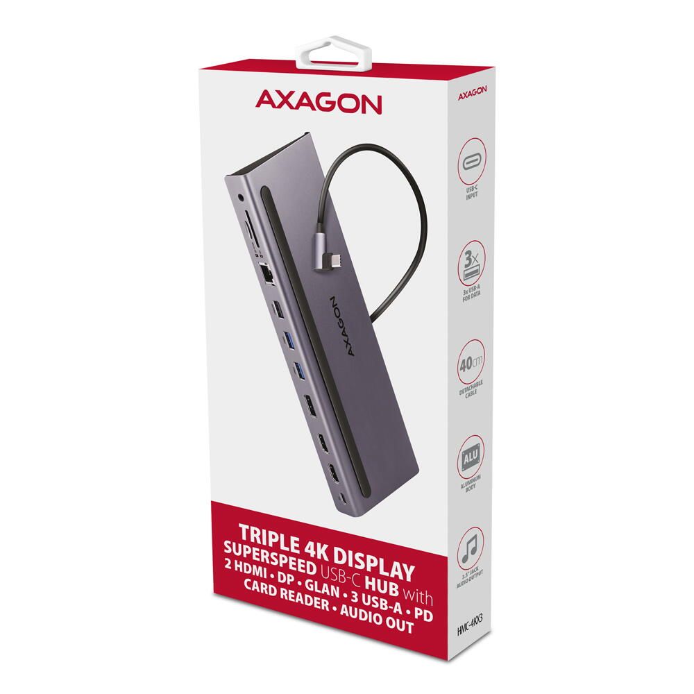 HMC-4KX3, USB-C hub, 5 Gbps, 3x USB-A, 2x HDMI, 1x DP, Ethernet, audio, SD, audio, PD 100W, compatibil TB3/4, carcasa metal_3