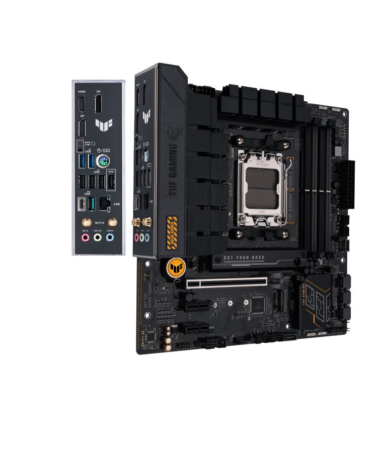 AMD B650 micro-ATX motherboard with 8+2 DrMOS, DDR5, PCIe 5.0 M.2 slot with heatsink, dual M.2 slots, Wi-Fi 6, Realtek 2.5Gb Ethernet, two DisplayPort, HDMI™, front USB 3.2 Gen 1 Type-C® port, BIOS FlashBack™, Two-Way AI Noise Cancelation and Aura Sync_2