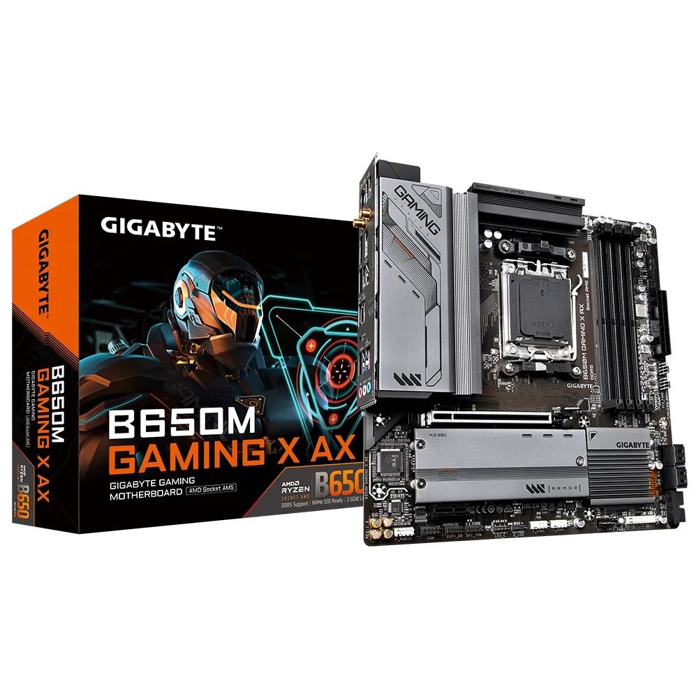 Placa de baza Gigabyte B650M GAMING X AX AM5        AMD Socket AM5：Supports AMD Ryzen™ 7000 Series Processors     Unparalleled Performance：Direct 6+2+1 Phases Digital VRM Solution     Dual Channel DDR5：4*SMD DIMMs with AMD EXPO™ & Intel® XMP Memory Module Support     SuperSpeed Storage：2*PCIe 4.0 x4_2