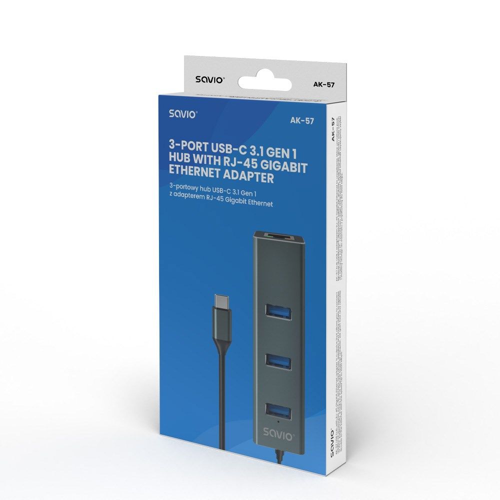 Savio AK-57 USB-C - 3 x USB-A HUB with RJ-45 Gigabit Ethernet adapter  5000 Mbit/s  grey_3