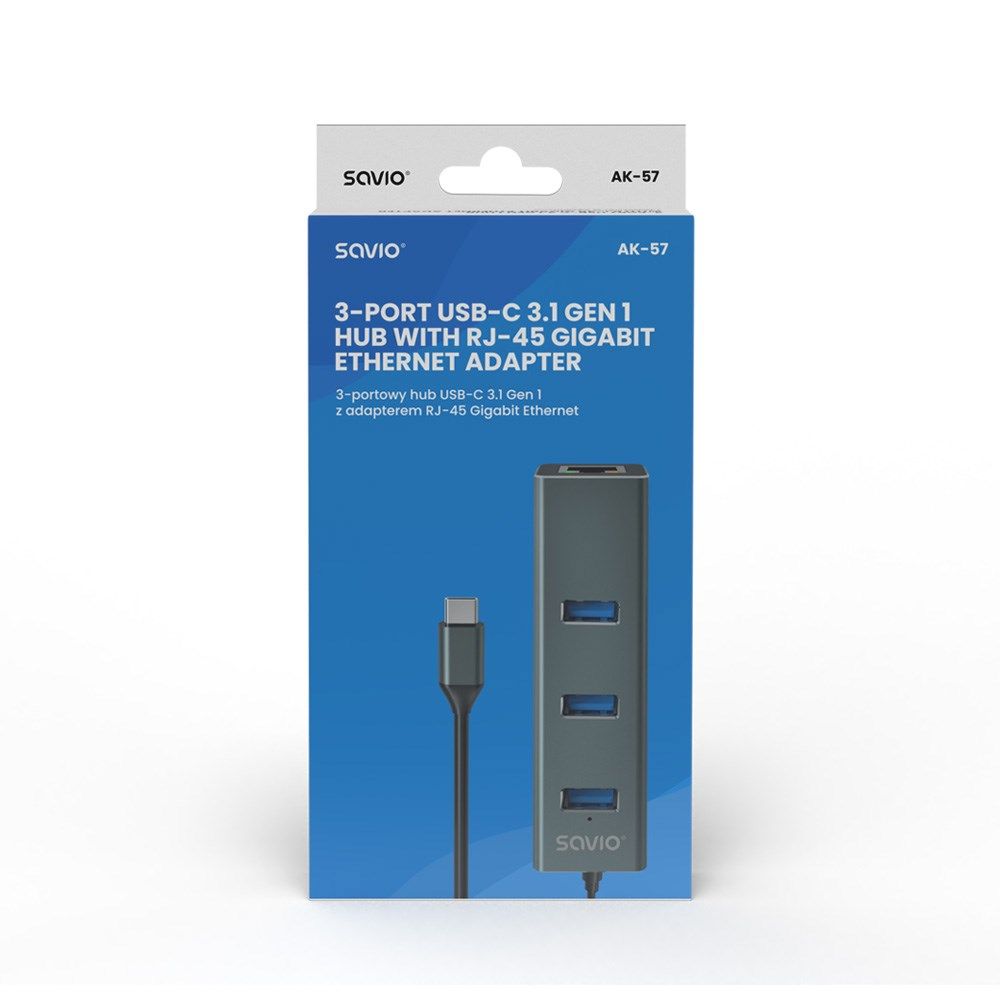 Savio AK-57 USB-C - 3 x USB-A HUB with RJ-45 Gigabit Ethernet adapter  5000 Mbit/s  grey_4