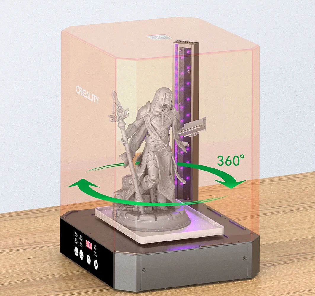Creality masina de spalat si intarire modele 3D rasina UV, UW-03, timp spalare/intarire: 5-30 min , rand dublu de lampi cu lumina ultraviolet, platorma rotative 360°, dimensiuni maxime spalare:210*160*200mm, dimensiuni maxime uscare si intarire: 215*165*300mm, putere 60W, 2 trepte de viteza_3