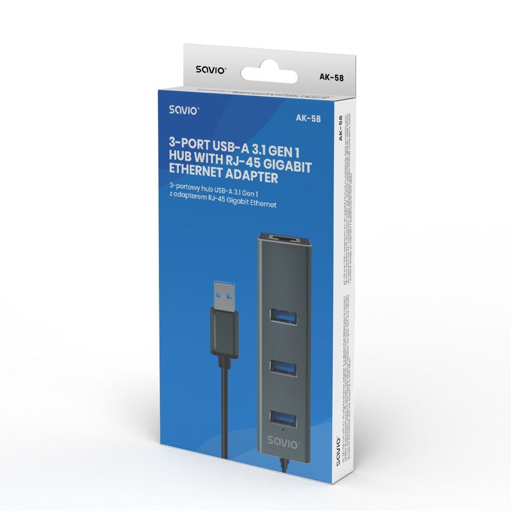 Savio AK-57 USB-A - 3 x USB-A HUB with RJ-45 Gigabit Ethernet adapter 5000 Mbit/s grey USB 3.2 Gen 1 (3.1 Gen 1) Micro-B 5000 Mbit/s_10