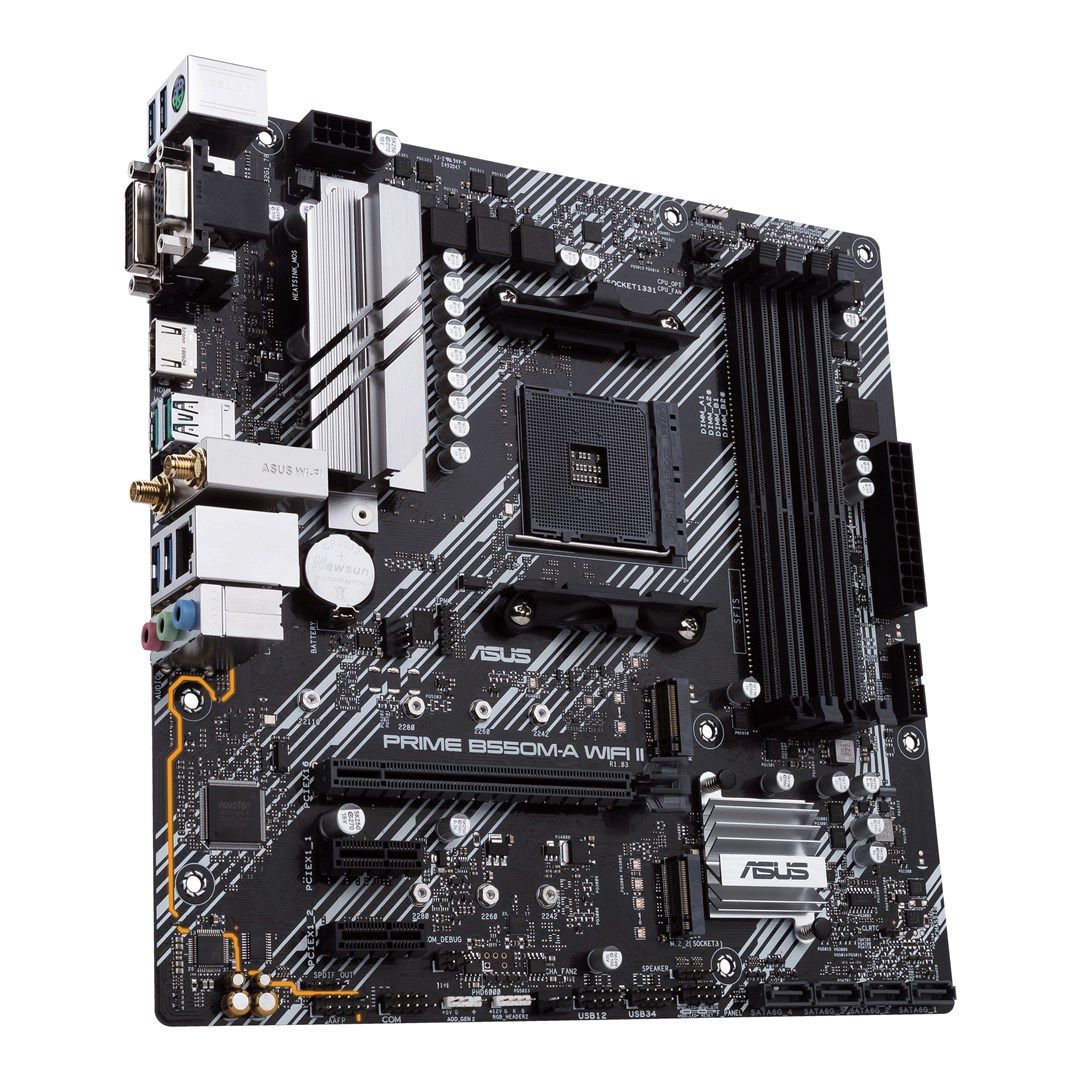 Asus | PRIME B550M-A WIFI II | Processor family AMD | Processor socket AM4 | DDR4 DIMM | Memory slots 4 | Supported hard disk drive interfaces SATA  M.2 | Number of SATA connectors 4 | Chipset AMD B550 | microATX_3