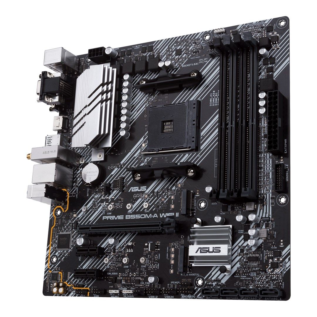 Asus | PRIME B550M-A WIFI II | Processor family AMD | Processor socket AM4 | DDR4 DIMM | Memory slots 4 | Supported hard disk drive interfaces SATA  M.2 | Number of SATA connectors 4 | Chipset AMD B550 | microATX_4