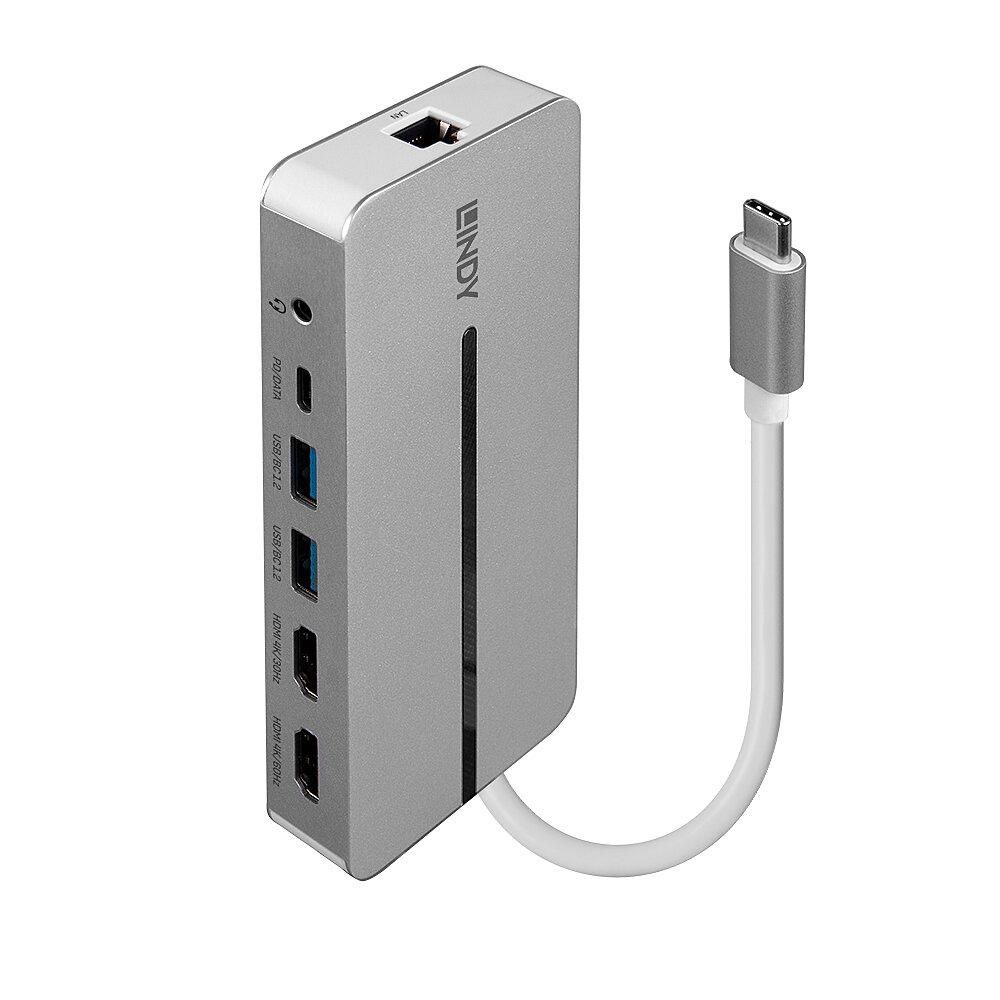 Lindy DST-Mx Duo Mini Docking Station USB Type-C, Dual display (4k), 100W Pass-through charging, rezolutie single display 4k@60, rezolutie dual display 4k@60 + 4k@30, 2x USB Type A, 1x USB-C (PD & Data), 2x HDMI, 1x RJ45, 2x Card reader (microSD & SD), 1x 3.5mm audio jack_3