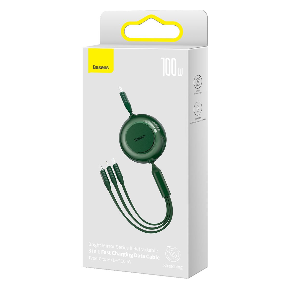 CABLU alimentare si date Baseus Bright Mirror 2 One-for-three Retractable, pt smartphone,USB la Micro-USB+Lightning + USB Type-C 100W, 1.1m, verde 